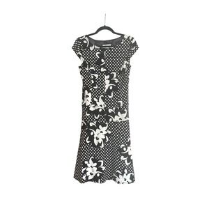 Joseph Ribkoff Black White Polka Dot Floral Dress Wedding Guest Cocktail Sz 8